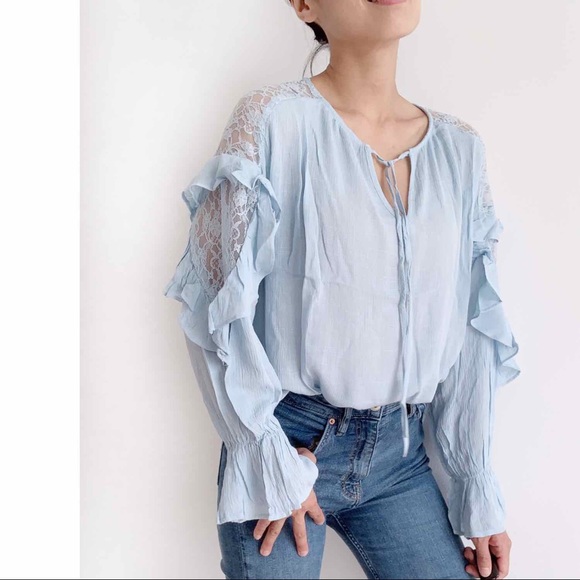 Boho Ruffles Long Sleeve Blouse in Light Blue - Effortlessly Chic and Versatile - Picture 7 of 8